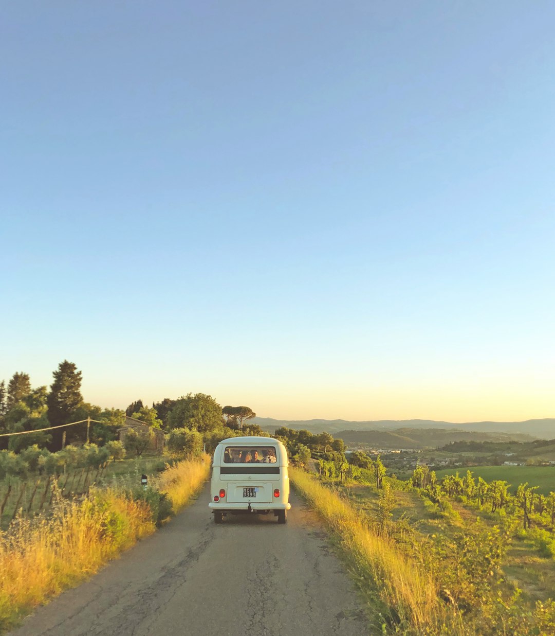 white-van-traveling-on-rough-road-in-between-green-grass-during-sunset-l4m-o4afon8